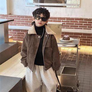 男童毛领夹克儿童外套冬季加绒加厚潮帅气时髦鹿皮绒韩范痞帅冬装