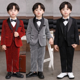 元旦儿童演讲比赛服装酒红色西装男童朗诵演出服闪亮小主持人礼服