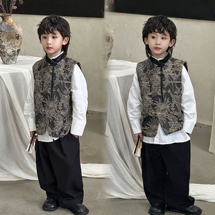 男童新中式小主持人服装儿童马甲西装套装男孩中山装演讲比赛礼服