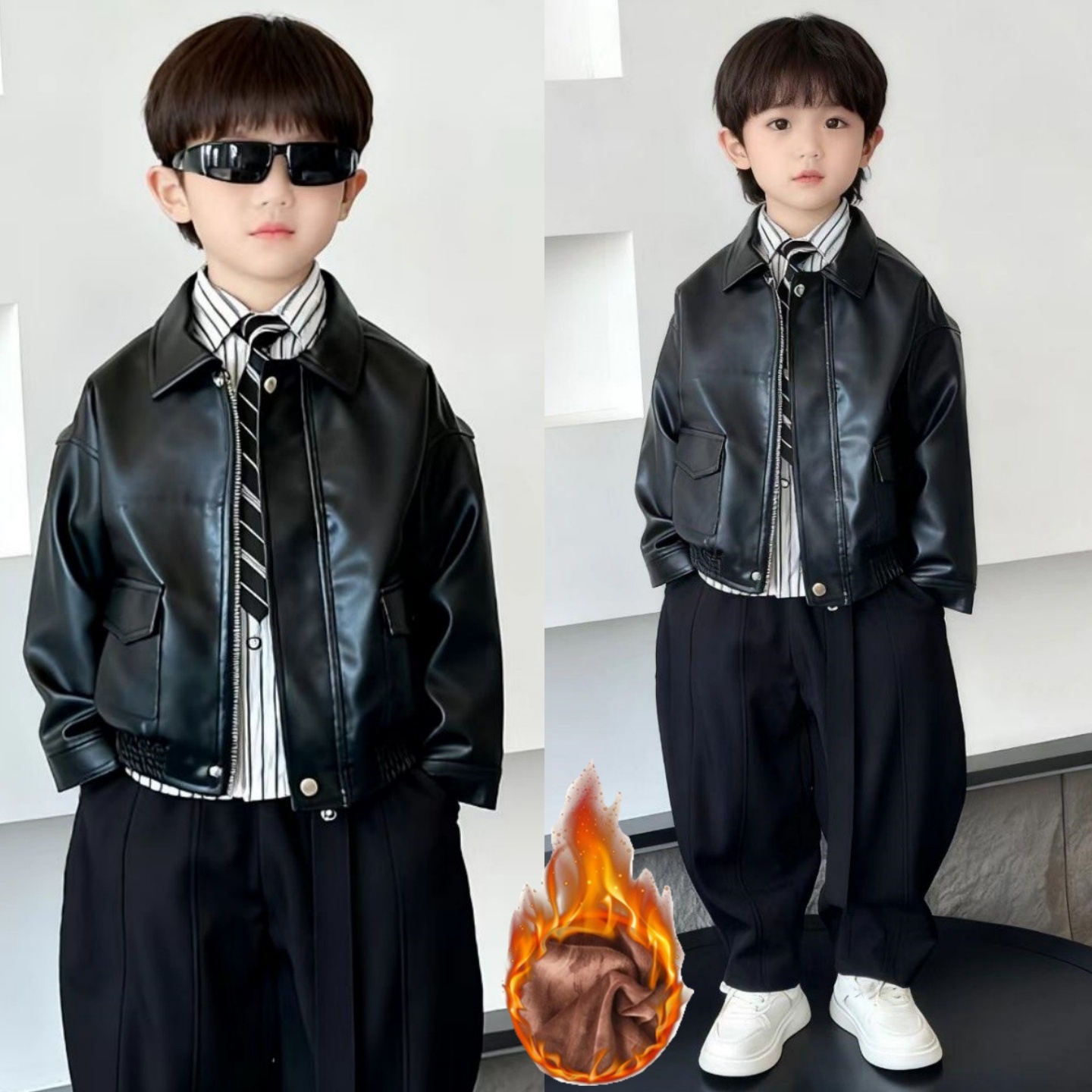 男童秋冬加绒皮衣外套2025新款潮帅气时髦儿童棒球服冬装炸街痞帅