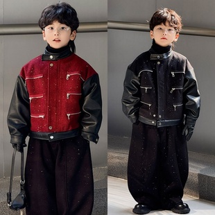 小男童套装2026新款帅气时髦儿童超好看冬装加绒新年红色皮衣外套