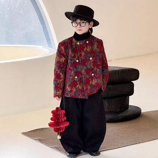 儿童拜冬年服喜庆风过年衣服男童中式套装男宝红色过年服2026新款