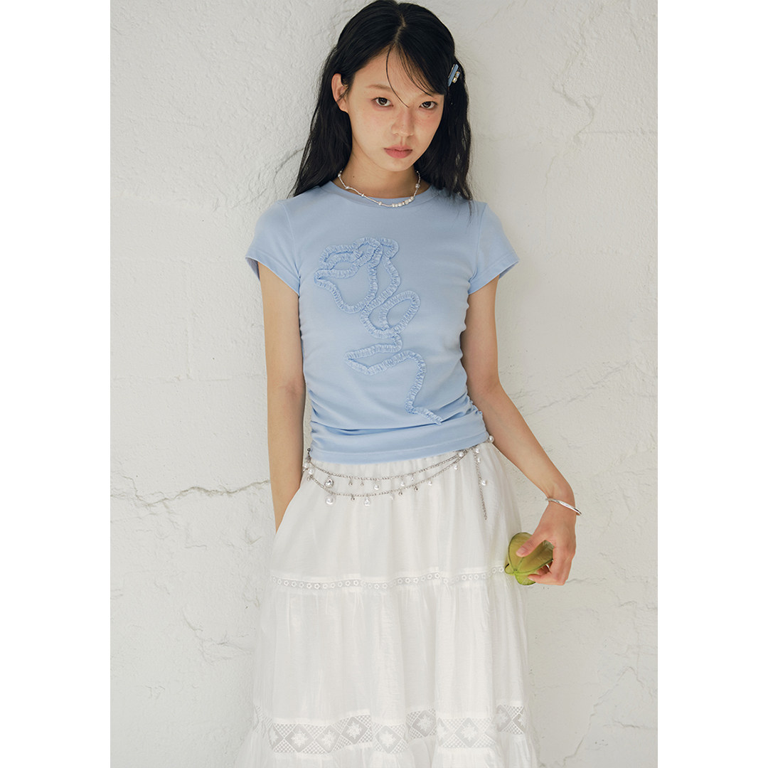 BLUEerror立体玫瑰花边圆领蓝色长袖T恤女修身显瘦针织打底衫夏季