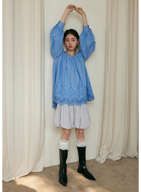 BLUEerror 宽松高腰黑色花苞裙短裙半身裙女显瘦休闲短款a字裙夏