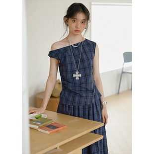 上衣夏季 BLUEerror 慵懒无袖 格纹背心女显瘦法式 纯棉复古斜肩短款