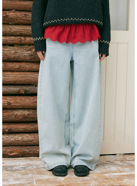 BLUEerror 高腰显瘦圆弧弯刀牛仔裤女裤子宽松浅色阔腿裤冬季长裤