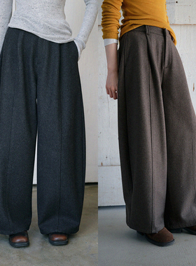 BLUEerror 毛呢阔腿裤羊毛加厚休闲裤女宽松灰色裤子冬