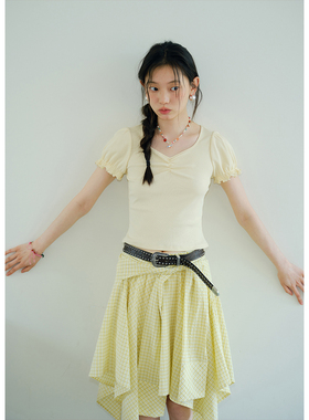 BLUEerror 修身正肩泡泡袖黄色短袖t恤女显瘦v领短款木耳边上衣夏