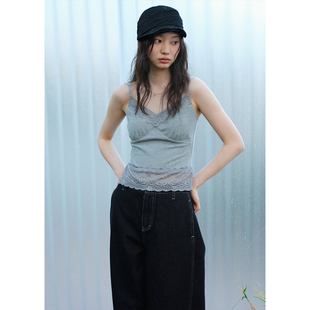 BLUEerror 吊带背心女针织带胸垫外穿上衣春 显瘦蕾丝花边灰色短款