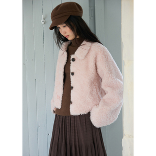 毛毛外套女保暖翻领毛绒上衣冬季 BLUEerror 颗粒羊羔毛粉色短款