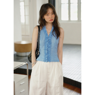 上衣夏季 BLUEerror 短款 双层花边蓝色v领挂脖背心女显瘦无袖 修身