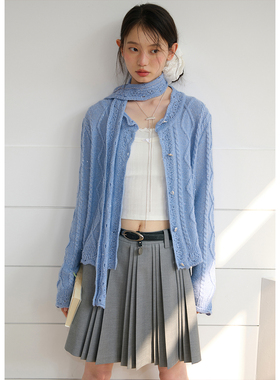 BLUEerror 独特镂空绞花亮片短款蓝色针织开衫女宽松慵懒毛衣早秋