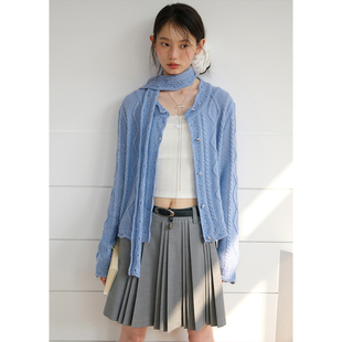 女宽松慵懒毛衣早秋 蓝色针织开衫 BLUEerror 独特镂空绞花亮片短款