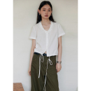 绑带衬衣夏季 BLUEerror 女短款 立体花边领纯棉白色短袖 上衣 衬衫