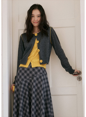 BLUEerror 立体钩花假两件圆领羊毛针织开衫女法式叠穿短款毛衣秋