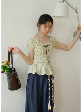 BLUEerror 牛津抽褶收腰花边短袖蓝色条纹衬衫女荷叶边上衣夏季