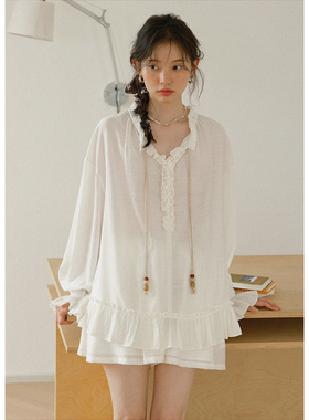BLUEerror 轻薄绑带花边领白色长袖衬衫女法式荷叶边衬衣早秋罩衫