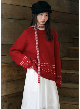 BLUEerror 圣诞红色全羊毛圆领套头毛衣女慵懒针织衫冬