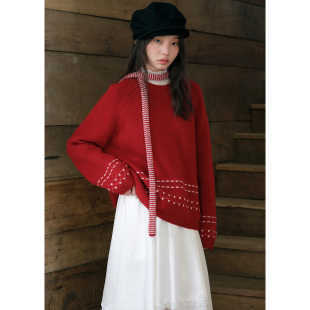 冬季 慵懒针织衫 全羊毛圣诞红色圆领提花套头毛衣女法式 BLUEerror