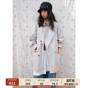 双门襟卡其色绑带收腰风衣女中长款 00新品 立领外套春