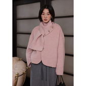 BLUEerror 高织密纺羊驼毛双面呢毛呢外套女短款 围巾粉色呢子秋冬