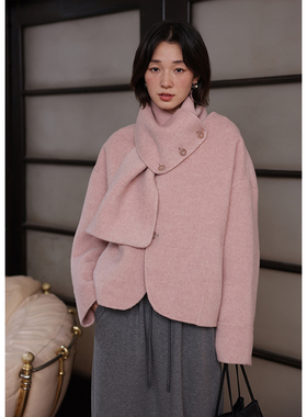 BLUEerror 高织密纺羊驼毛双面呢毛呢外套女短款围巾粉色呢子秋冬