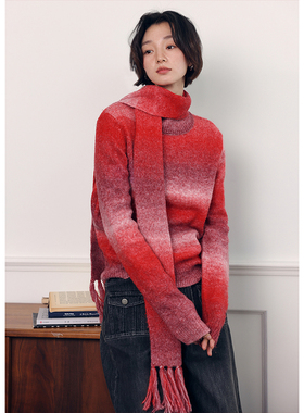 BLUEerror 慵懒高领卷边渐变红色毛衣女带围巾保暖羊毛针织衫冬