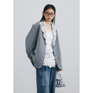 外套女休闲垫肩气质上衣春季 BLUEerror 宽松蕾丝拼接灰色条纹西装