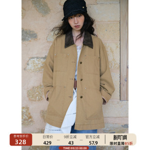 纯棉撞色绿色工装 00新品 风衣外套女显瘦翻领夹克春季