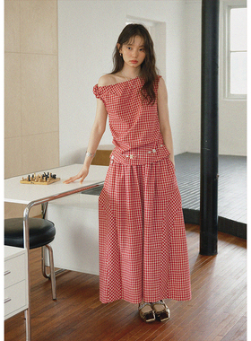 BLUEerror 纯棉复古红色格子长款半身裙女显瘦法式长裙夏格纹伞裙
