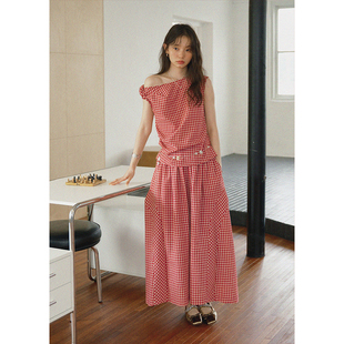 长裙夏格纹伞裙 半身裙女显瘦法式 BLUEerror 纯棉复古红色格子长款
