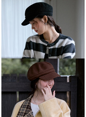 BLUEerror 羊毛保暖黑色报童帽女显脸小氛围感法式搭配帽子冬季