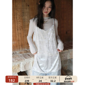 蕾丝花边拼接丝绒吊带连衣裙女v领无袖 长裙春 00新品