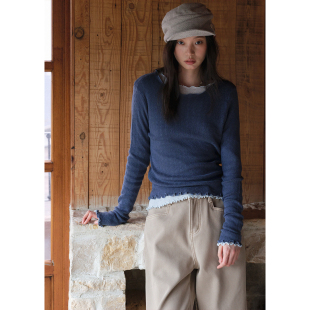 针织衫 BLUEerror 女显瘦内搭短款 镂空圆领花边打底衫 早春t恤 修身