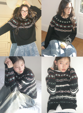 BLUEerror 费尔岛圆领针织开衫女慵懒钩花图案全羊毛毛衣冬季新款