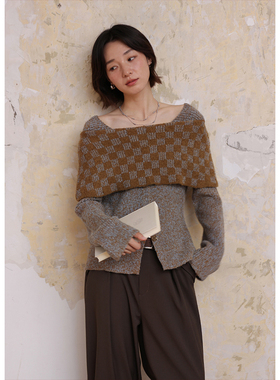 BLUEerror 圈圈绒修身显瘦一字肩棋盘格毛衣女秋冬保暖慵懒针织衫