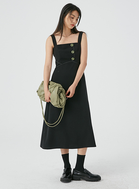 BLUEerror 高腰修身显瘦拼接黑色吊带连衣裙女中长款收腰裙子夏