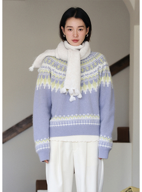 BLUEerror 宽松费尔岛提花兔毛圆领毛衣女慵懒风软糯针织衫春季