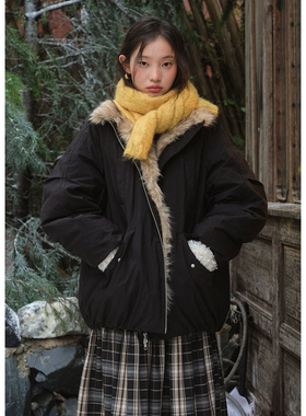 BLUEerror 加厚毛绒拼接保暖黑色羽绒服女宽松拉链毛茸茸外套冬季