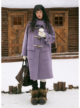 BLUEerror 牛角扣连帽加厚紫色毛呢外套女中长款羊毛呢子大衣冬季