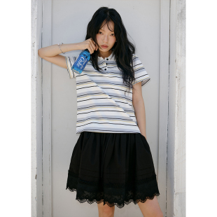 BLUEerror 宽松polo领白色条纹短袖 T恤女慵懒显瘦翻领上衣夏季
