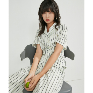 条纹抽褶衬衫 新款 短袖 女夏季 设计感衬衣 条纹衬衫 BLUEerror