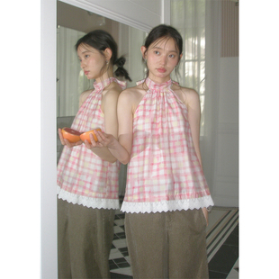 上衣夏季 BLUEerror 蕾丝花边粉色格子挂脖背心女露背显瘦纯棉无袖