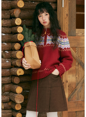 BLUEerror 圣诞氛围感全羊毛提花红色毛衣女慵懒半拉链针织衫冬季