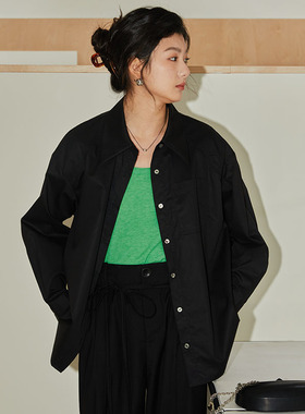 BLUEerror 宽松气质纯棉透气叠穿长袖黑色衬衫女休闲质感衬衣夏