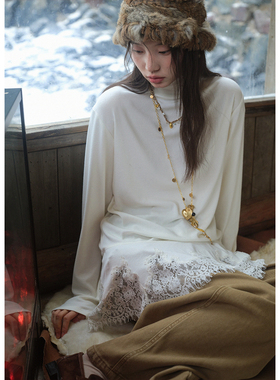 BLUEerror 蕾丝拼接白色高领保暖打底衫女花边叠穿内搭长袖t恤冬