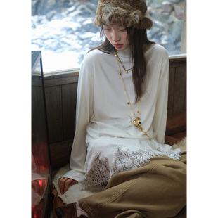 t恤冬 女花边叠穿内搭长袖 BLUEerror 蕾丝拼接白色高领保暖打底衫