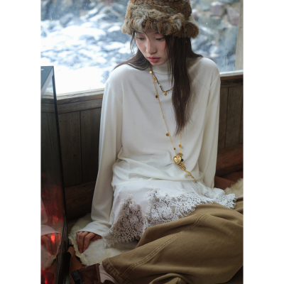蕾丝花边白色高领打底衫