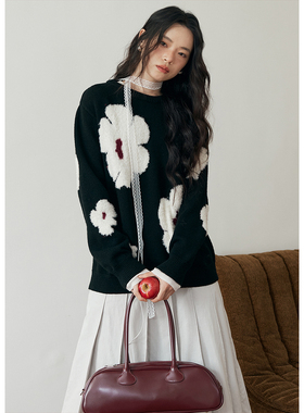 BLUEerror 撞色花朵图案慵懒圆领套头毛衣女宽松羊毛针织衫秋冬