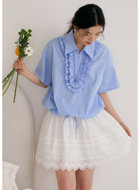 BLUEerror 纯棉翻领花边白色短袖衬衫女宽松短款抽绳格子衬衣夏季